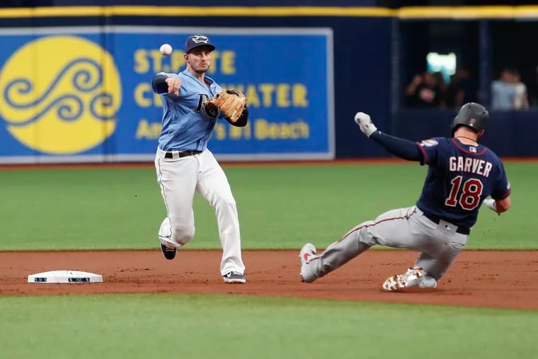 Tampa Bay Rays second baseman Daniel Robertson throws to first base after forcing out Minnesota Twins Mitch Garner during the first inning of a baseball game Sunday, June 2, 2019, in St. Petersburg, Fla. (AP Photo/Scott Audette)
