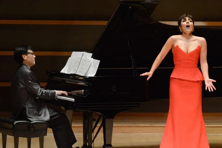 Soprano Ailyn Perez sings the Mozart aria "Dove sono," accompanied by Ken Noda, in the second half of her U.S. recital debut at the Perelman Theater on Tuesday.