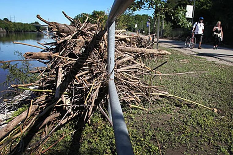 Debris from the Schuylkill River litters the bank of the Schuylkill River Park in Philadelphia on Tuesday. The rain from Hurricane Irene cause the river to overflow and send debris onto the park trail. (Alejandro A. Alvarez / Staff Photographer)
