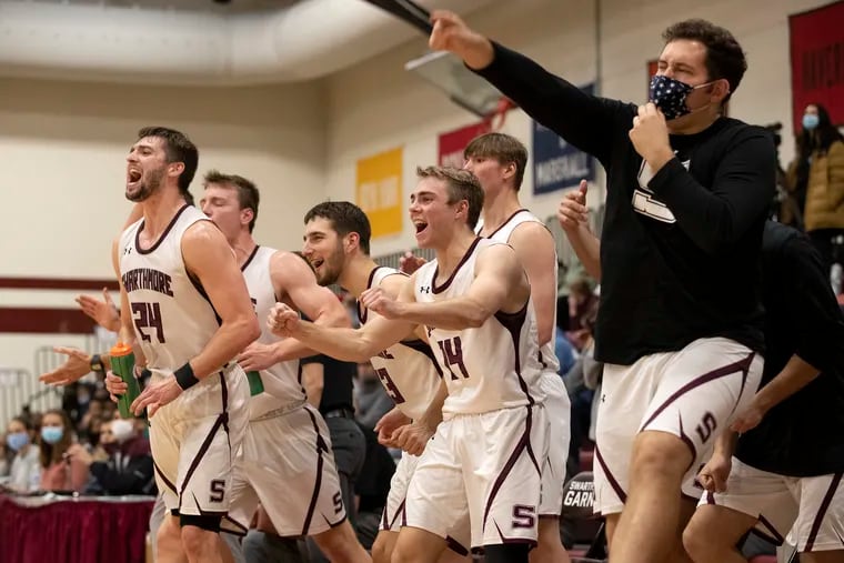 Once again Swarthmore College enters a season as a highly ranked Division III basketball team.  The Swarthmore bench celebrates a basket against Neumann University on Nov. 17, 2021.