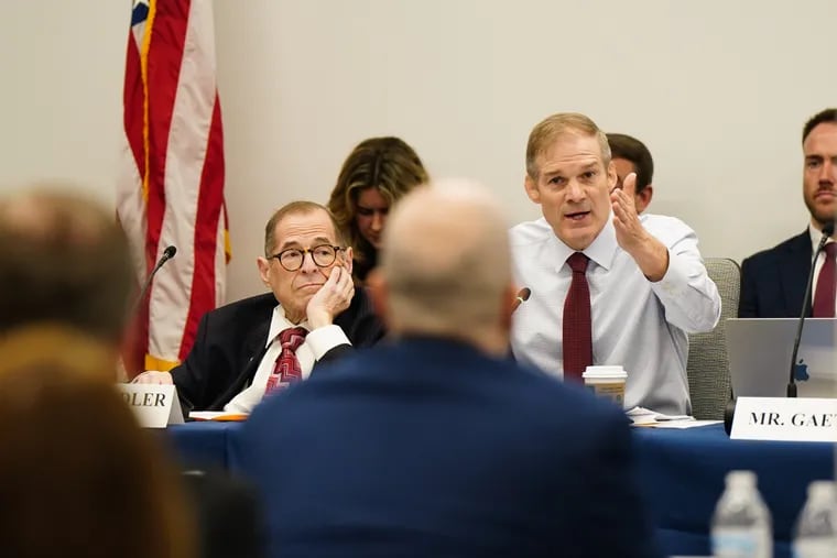 U.S. Rep. Jerrold Nadler, left, and U.S. Rep. Jim Jordan, right, at a field hearing of a House Judiciary subcommittee in Philadelphia on Friday.