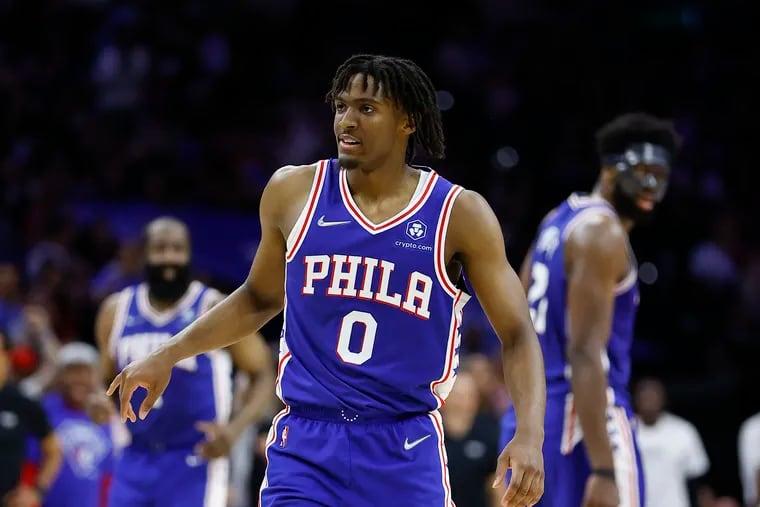 Sixers guard Tyrese Maxey on the court during a game against the Miami Heat during Game 6 of their second-round playoff series.