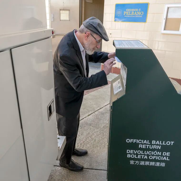 Abraham Meth returns his mail ballot at a dropbox outside the Pelbano Recreation Center in Northeast Philadelphia Monday, April 22, 2024, the day before Pennsylvania primary election day.