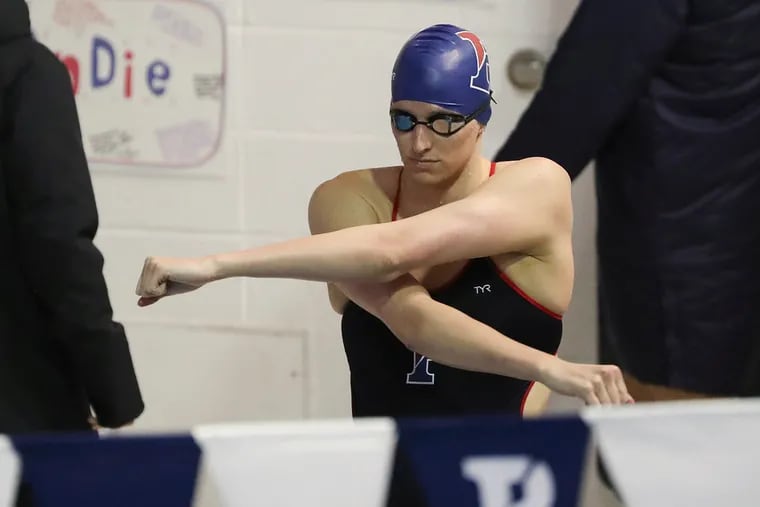 Penn swimmer Lia Thomas prepares to race in the 200m women’s free race at a meet at UPenn’s Sheerr Pool in Philadelphia on Saturday, Jan. 8, 2022.