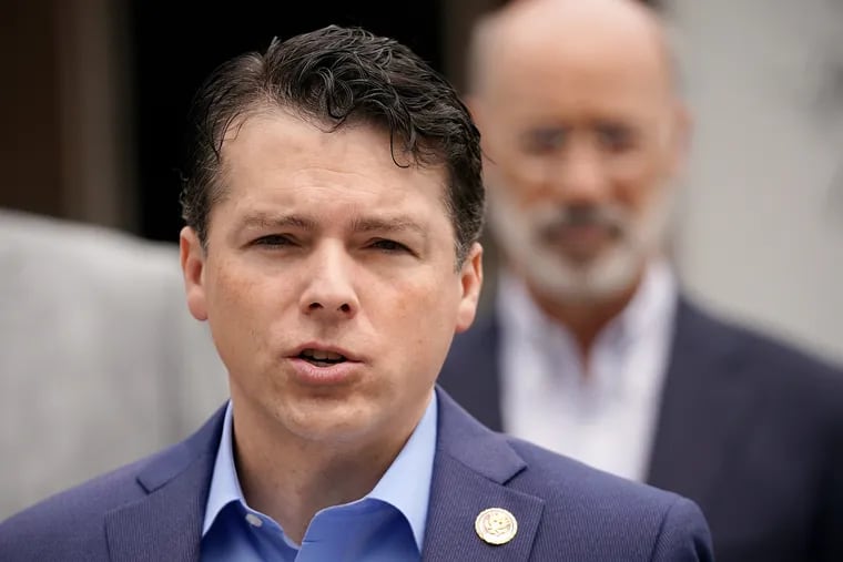 U.S. Rep. Brendan Boyle (D., Philadelphia) speaks during a news conference touting the achievements of the Democratic Party and President Joe Biden at Independence Mall in Philadelphia on Friday, July 2, 2021.