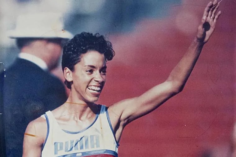 Copy photo of 1984 Olympic silver medalist Kim Gallagher after her
second place finish n the 800 meters.