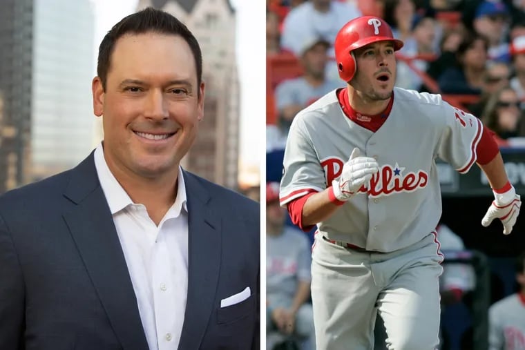 Greg Dobbs now works for UBS as a financial advisor. At right, the former Phillies player hits a grand slam in a crucial game against the Mets in 2007.