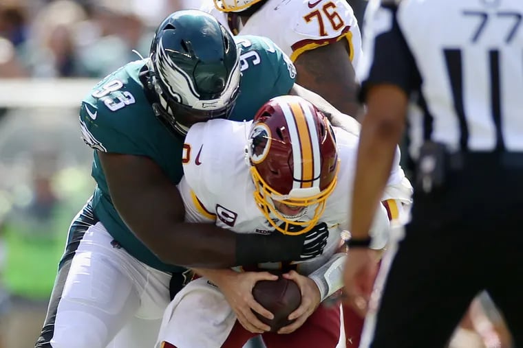 Eagles defensive tackle Tim Jernigan had the Eagles' only sack in the win over Washington, bringing down Case Keenum.