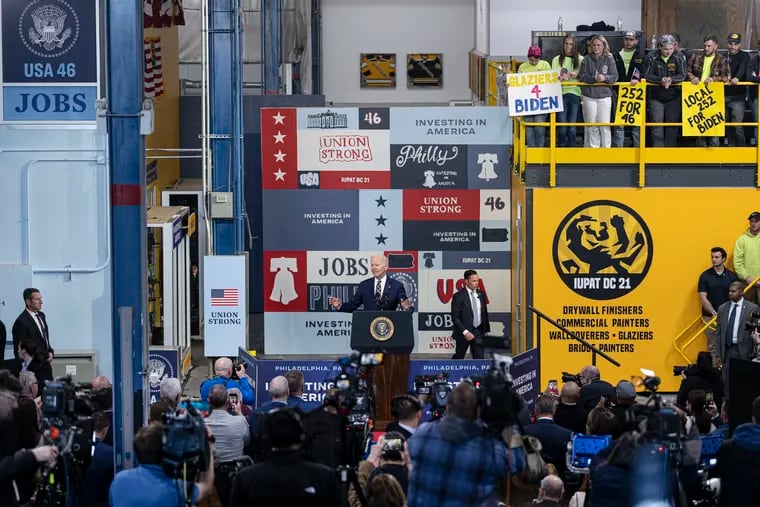 President Joe Biden unveils his budget proposal in March at the Finishing Trades Institute in Northeast Philadelphia. He'll be back in Philadelphia with labor leaders for a campaign kickoff Saturday.