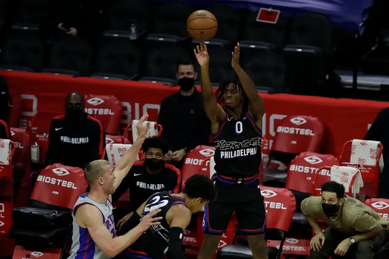 Sixers guard Tyrese Maxey, on his way to 22 points,  shoots over the Detroit defense while teammate Matisse Thybulle sets a screen, on Saturday, May 8, 2021.