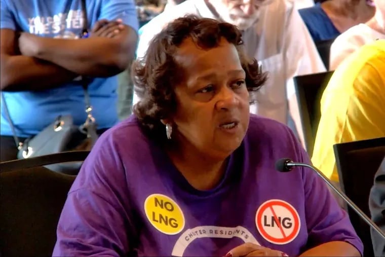 An image from the hearing's video feed of Zulene Mayfield, an activist with Chester Residents Concerned for Quality Living, speaking against a proposal to build a liquefied natural gas facility in Chester City, Delaware County.