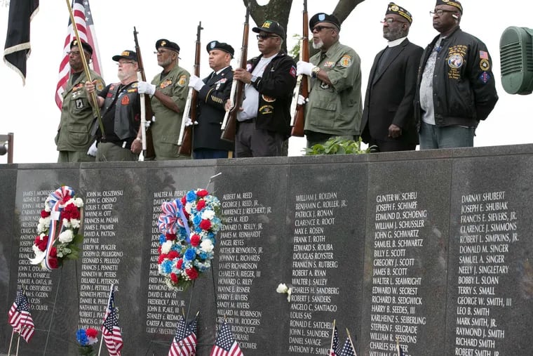 Veterans at the Philadelphia Vietnam Veterans Memorial, during a Memorial Day service, Monday, May 28, 2018.