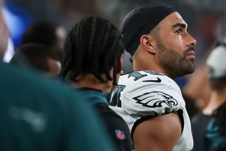 Philadelphia Eagles wide receiver J.J. Arcega-Whiteside (19) stands on the sideline in the second half of a preseason game against the New York Jets at MetLife Stadium in East Rutherford, NJ on Friday, Aug. 27, 2021. The game ended in a tie, 31-31.