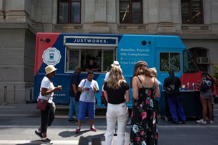 Philadelphians seemed more enthusiastic about the free cold brew than the small-business support services New York-based start-up Justworks has rolled into town for the week to promote.