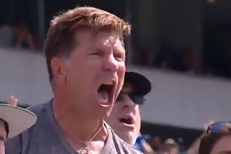 Fox's cameras caught Eric Furda, the dean of admissions at Penn, showing off his angry side during the Eagles loss to the Lions at Lincoln Financial Field on Sunday.