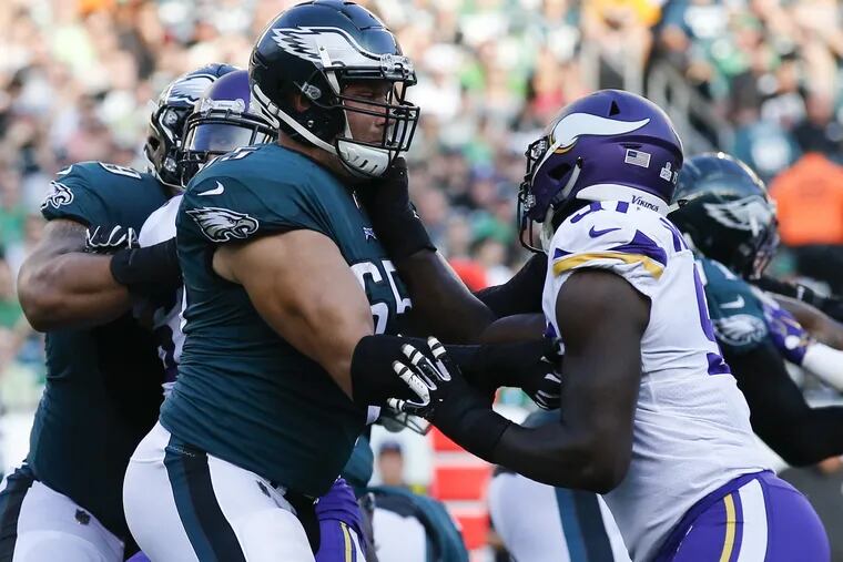 Eagles offensive tackle Lane Johnson blocks Minnesota Vikings defensive end Stephen Weatherly on Sunday, October 7, 2018 in Philadelphia. YONG KIM / Staff Photographer