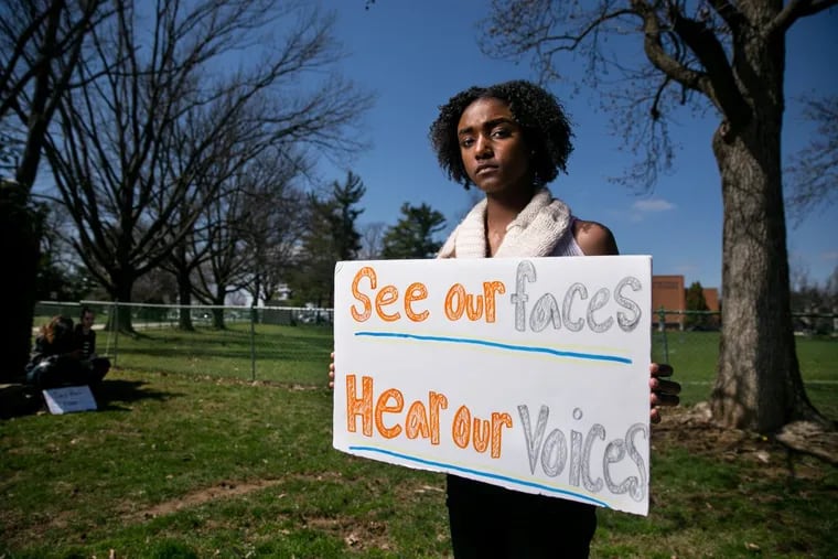 Eryn Banton, a lead organize of students concerned about gun violence, shown here in front of Cheltenham High School, Wednesday, April 18, 2018. JESSICA GRIFFIN / Staff Photographer.