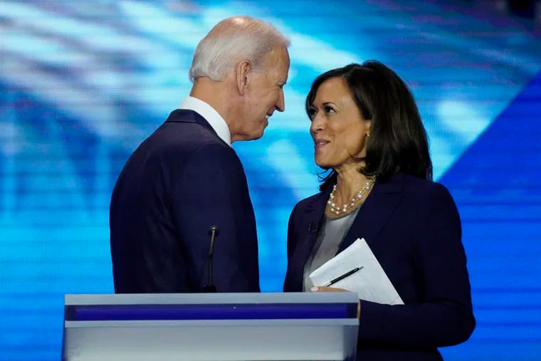Democratic presidential candidates former Vice President Joe Biden (left) and Sen. Kamala Harris (D., Calif.) shake hands Thursday, Sept. 12, 2019, after a Democratic presidential primary debate hosted by ABC at Texas Southern University in Houston. On Tuesday, Aug. 12, 2020, the Biden campaign announced Sen. Harris would be the Democratic pick for vice president.