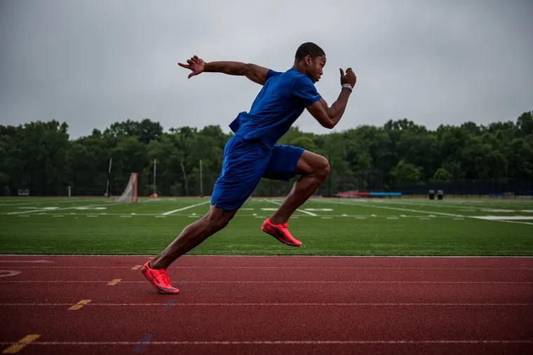 Decathlete Kyle Garland sprints during a recent workout at Germantown Academy.