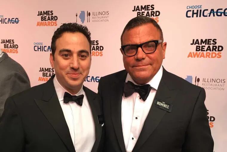 Daniel Rose (left), chef of Le Coucou, and Stephen Starr arriving at the 2017 James Beard Awards at the Lyric Opera in Chicago.