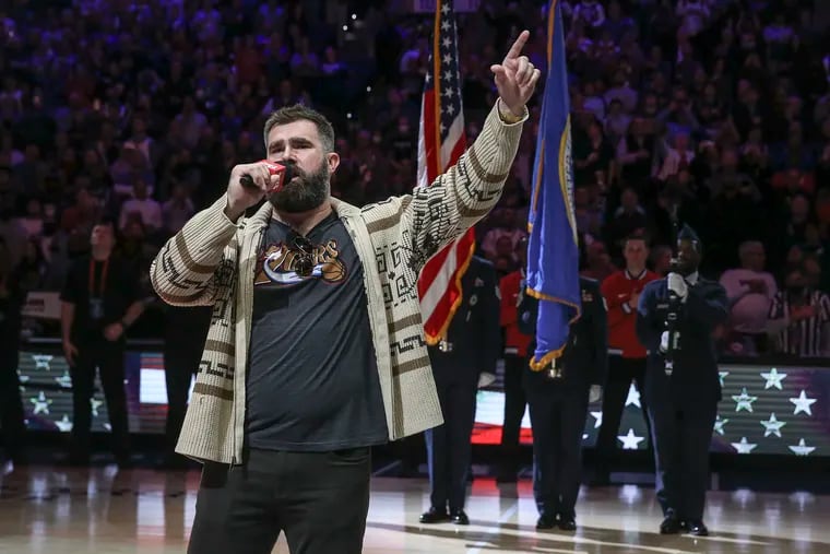Eagles Jason Kelce singing the national anthem before the Sixers-Nuggets game at the Wells Fargo Center after $100,000 was raised for Connor Barwin's Make the World Better Foundation. Monday,  March 14, 2022.