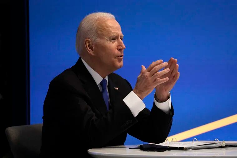 President Joe Biden participates in a virtual event with the House Democratic Caucus on Wednesday.
