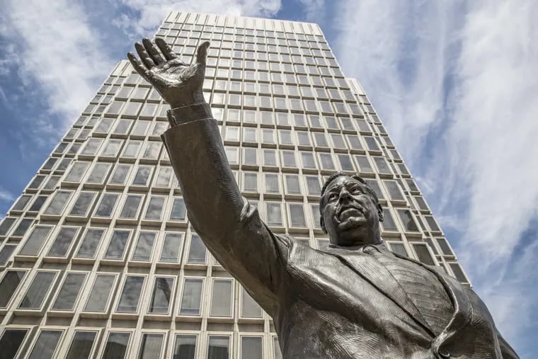 The statue of former mayor Frank Rizzo stands in the Thomas Paine Plaza, Municipal Services Building across from Philadelphia city hall. There is now a movement to have the statue removed.