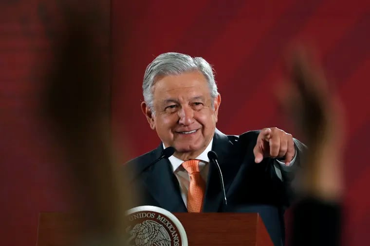 FILE - In this April 9, 2019. file photo, Mexican President Andres Manuel Lopez Obrador answers questions from journalists at his daily 7 a.m. press conference at the National Palace in Mexico City. López Obrador is limited to a single six-year term and wants a multibillion-dollar Mayan Train project on a fast track and running before he leaves office Dec. 1, 2024. (AP Photo/Marco Ugarte, File)
