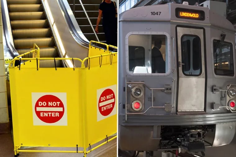 An escalator, right, out of service at the PATCO Ashland station earlier this year. At left, a newly rehabbed Budd car on display at the PATCO facility in Lindenwold last week. (Left: file; right: provided)