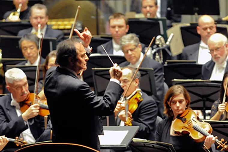 Chief conductor Charles Dutoit and the Philadelphia Orchestra at the University of Pennsylvania’s Irvine Auditorium. The musicians relocated there for opening night because of potential labor unrest at the Kimmel Center. (Clem Murray / Staff Photographer)