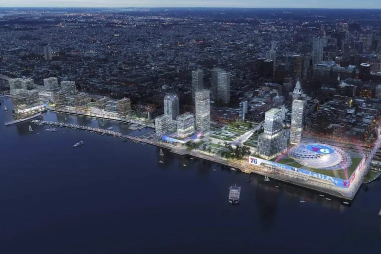 Artists' rendering of proposed arena and other development that had been planned for Penn’s Landing by the owners of the 76ers. A competing proposal was accepted for the site.