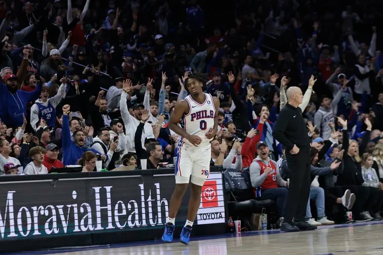 The crowd cheers for Sixers guard Tyrese Maxey after he hit a three-point shot to give him 50 total points in the Sixers' win over the Indiana Pacers.