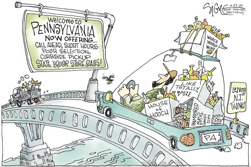 Political Cartoon New Jersey vs. Pennsylvania liquor stores