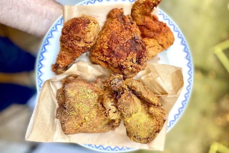 The Ethiopian-inspired fried chicken at Doro Bet in West Philadelphia comes with two seasonings, spicy Berbere (top) and milder turmeric and lemon (bottom). The batter is made from teff flour, so this chicken is gluten-free.