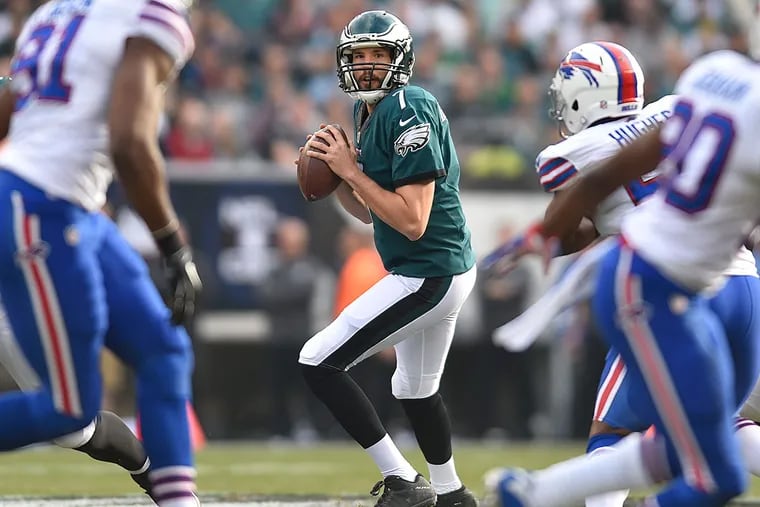 Philadelphia Eagles quarterback Sam Bradford (7) drops back to pass against the Buffalo Bills in the first quarter at Lincoln Financial Field.