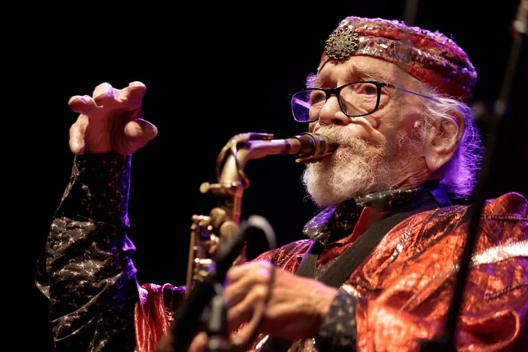 Marshall Allen on the saxophone performs during the Sun Ra Arkestra: Marshall Allen Birthday Celebration at The Lounge at World Cafe Live in Phila., Pa. on Sat. May 27, 2023.