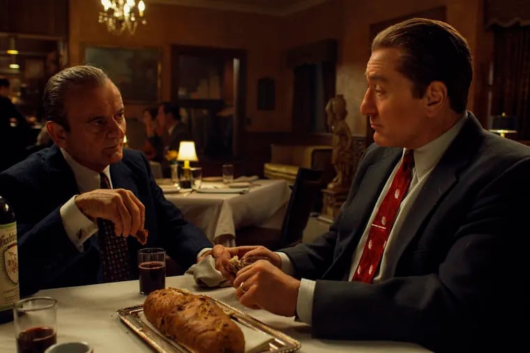 This image released by Netflix shows Joe Pesci, left, and Robert De Niro in a scene from "The Irishman," directed by Martin Scorsese.