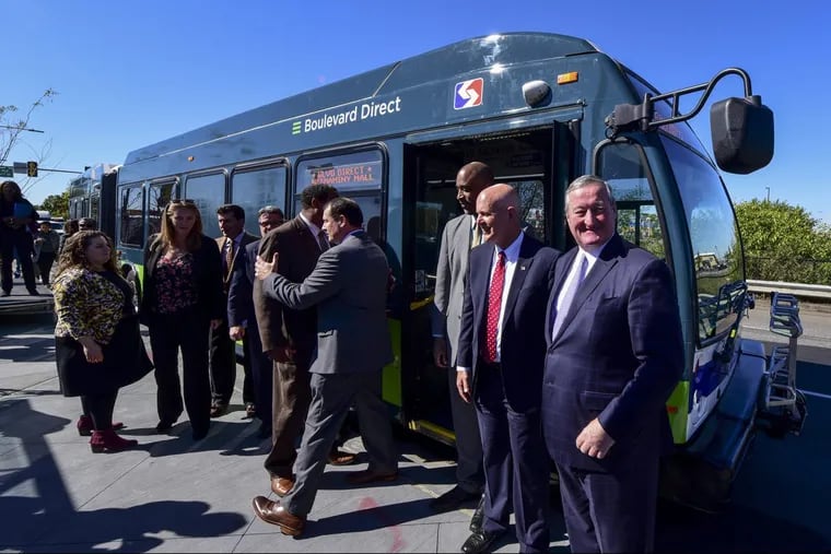 Mayor Kenney (from left), SEPTA general manager Jeffrey Knueppel, and Mike Carroll, deputy managing director for Philadelphia'sOffice of Transportation and Infrastructure Systems, announce SEPTA’s first “direct bus,” which starts Sunday on the Roosevelt Boulevard.