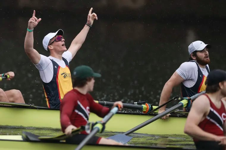 Drexel rowers celebrate after finishing in first place in the Men’s Varsity Heavyweight Eight final on the second day of the 2022 Jefferson Dad Vail Regatta in Philadelphia on Saturday, May 14, 2022. Drexel also finished first in overall points of the event. Colgate came in second place.