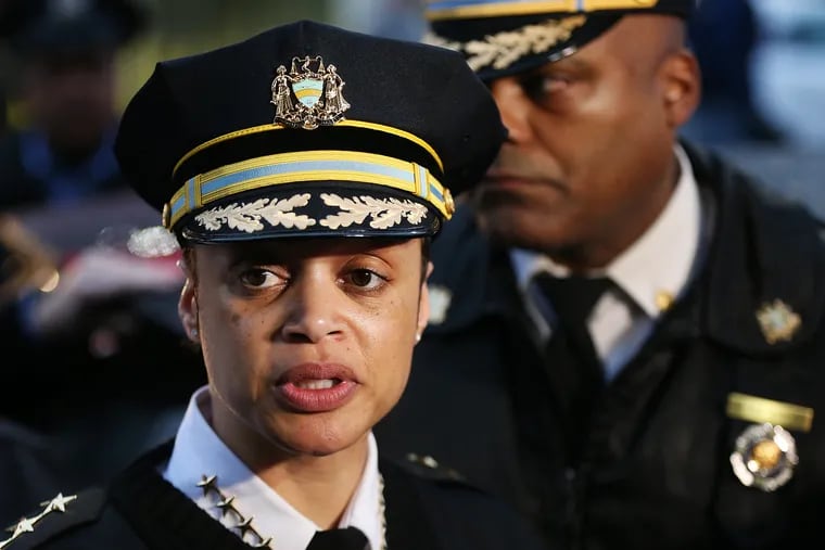 Philadelphia Police Commissioner Danielle Outlaw talks to reporters outside the emergency room entrance at Temple University Hospital in North Philadelphia after SWAT Cpl. James O’Connor IV was fatally shot on Friday.