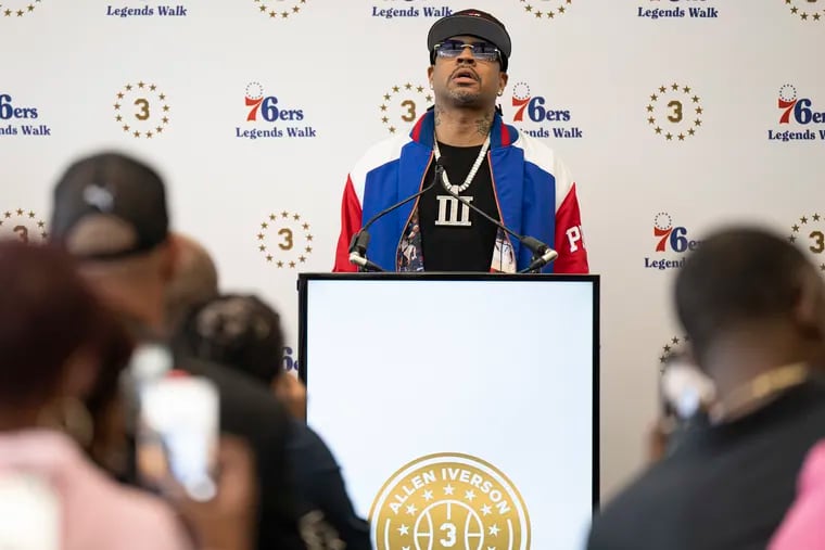 Allen Iverson delivers an emotional speech Friday minutes before a ceremony unveiling his statue outside the Sixers' practice facility.