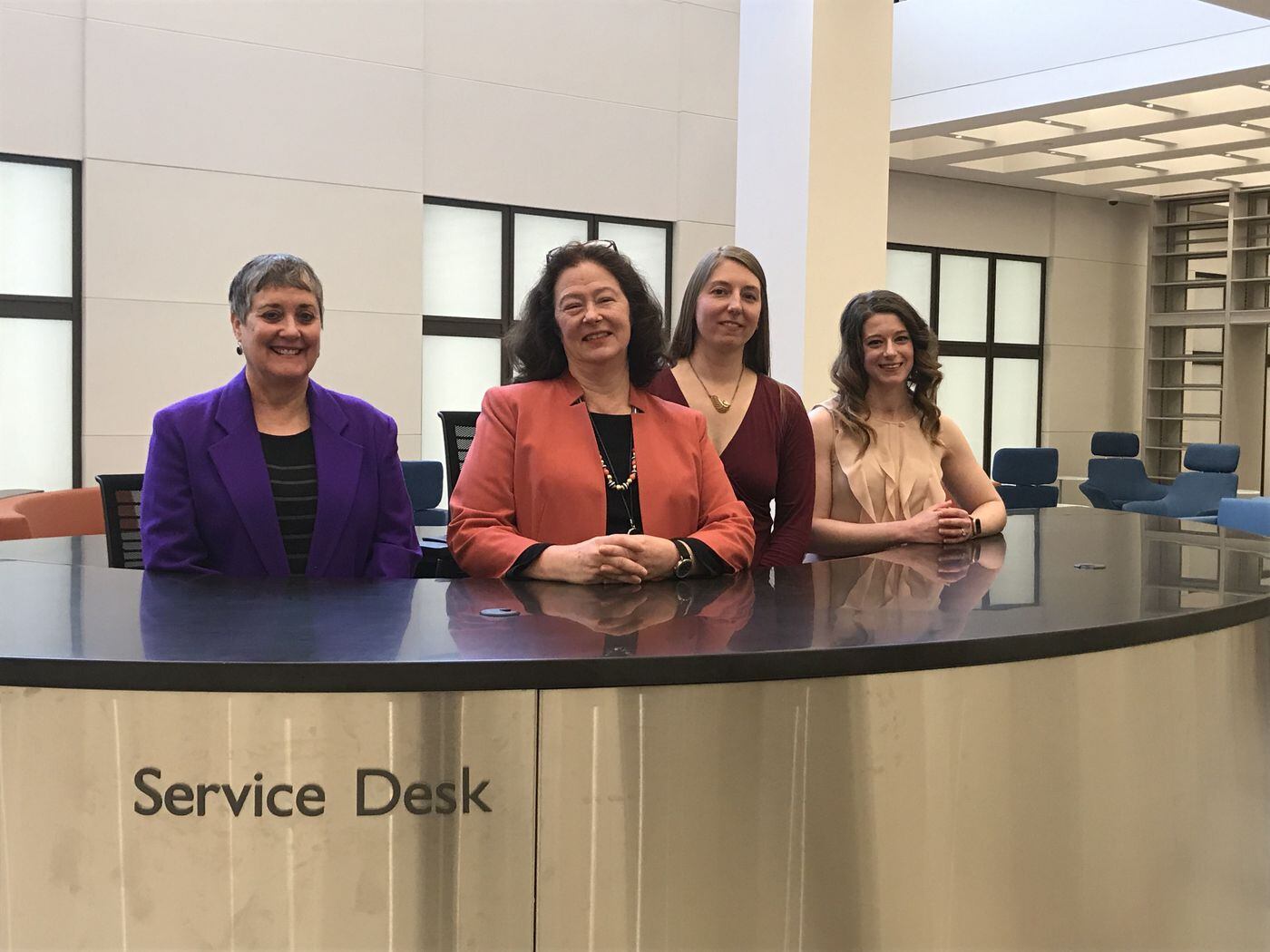 The Business Resource and Innovation Center (or BRIC) leaders are (from left) Rebekah Ray, administrative librarian; Sharyl Overhiser, patent librarian; Caitlin Seifritz, library supervisor; and Gillian Robbins, business supervisor.