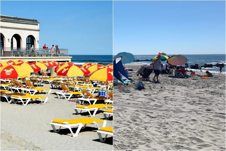 The defacto Frenchy's Beach occupies most of the sand - with many unoccupied seats - near Music Pier in Ocean City over the Memorial Day weekend, 2019. Frenchy's had been putting out their chaise lounges ($10 day) and umbrellas ($10) early in the morning, much to the chagrin of regulars, who said the commercialized chairs monopolized the beach.