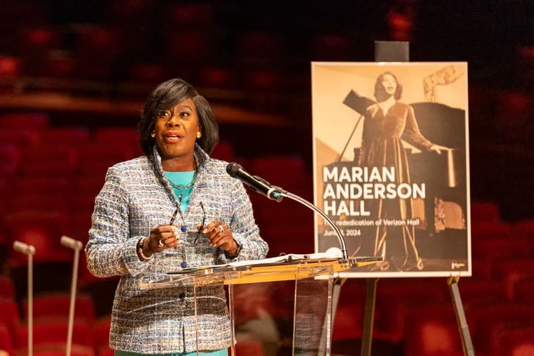 Mayor Cherelle L. Parker speaks Wednesday at a ceremony announcing the renaming of the Kimmel Center's Verizon Hall to Marian Anderson Hall.