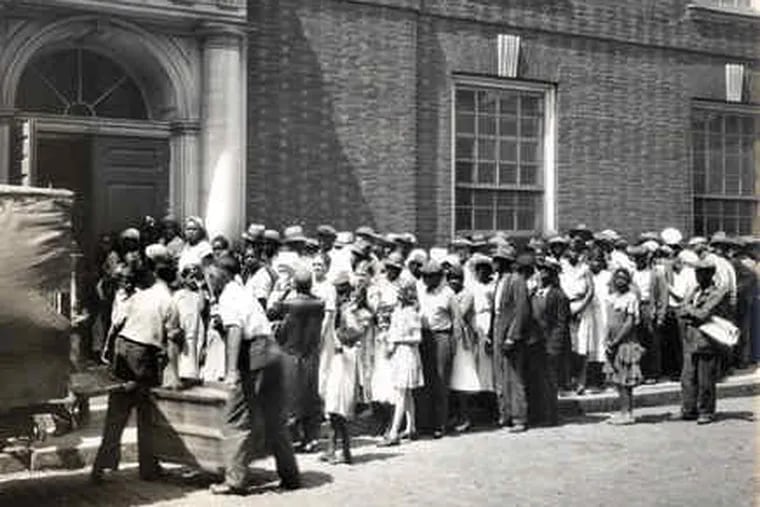 A crowd awaiting free food at Christ Church during the Great Depression.