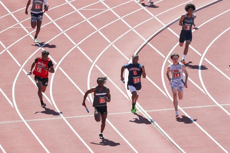 The High School Boys' 4x100 heats take place at the 2022 Penn Relays at Franklin Field in Philadelphia on Friday, April 29, 2022.