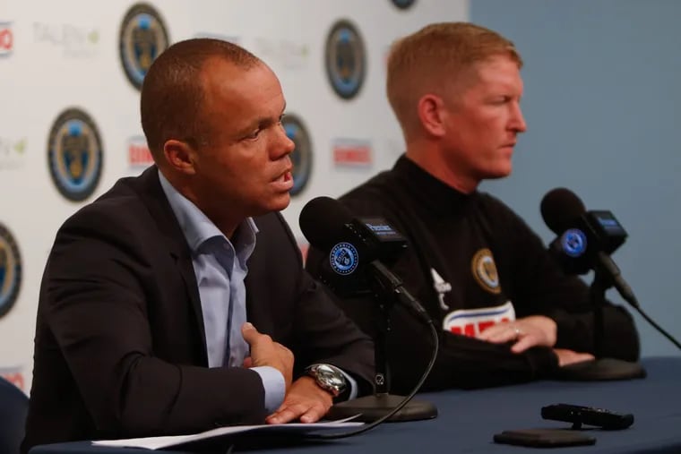 Philadelphia Union sporting director Earnie Stewart (left) confirmed that manager Jim Curtin (right) will remain with the team in 2018.