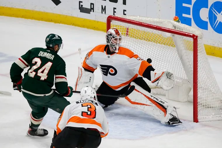 Minnesota Wild defenseman Matt Dumba scores a goal on  Flyers goaltender Martin Jones in the first period.