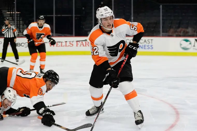 Flyers  prospect Tyson Foerster (52), a big right winger, went after the puck in an intrasquad game on Jan. 10.