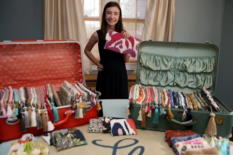 Anna Welsh, 12, the youngest Stellar StartUps finalist, with her line of clutches, minis, and bags for eyewear in Wynnewood, PA on August 30, 2017.